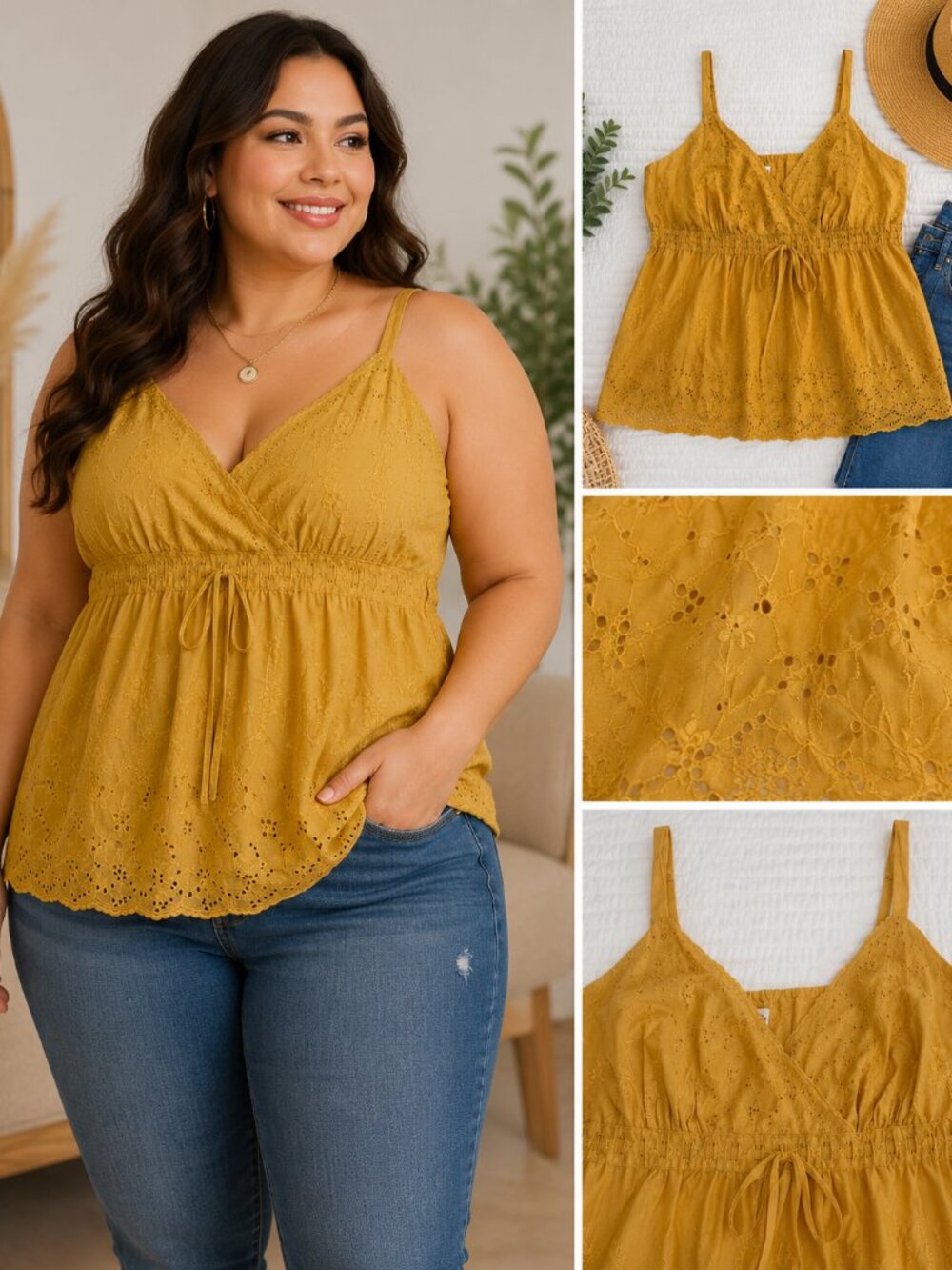 Mustard Eyelet Babydoll Cami | Embroidered Boho Tank | Plus Size 22/24
